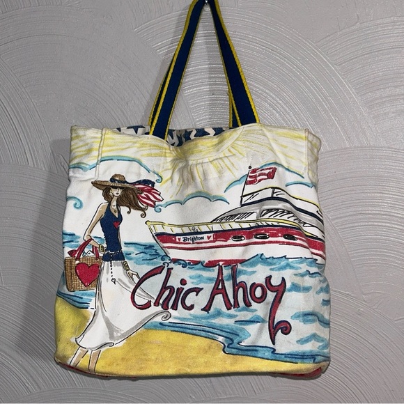 Brighton Canvas Tote Bag Chic Ahoy Nautical Themed Shopping Beach Shoulder Bag - Picture 2 of 6